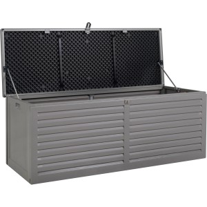 Geöffnete, graue Salango Auflagenbox aus Kunststoff, 390 l Fassungsvermögen, für Garten und Balkon.