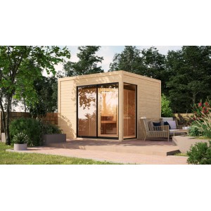 Naturbelassenes Karibu Saunahaus Cubulis 1 mit Glasfront im Garten.
