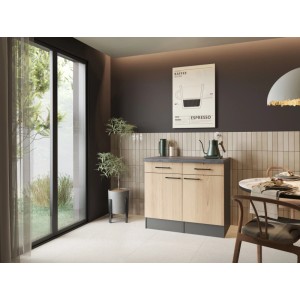 Respekta Sideboard Oliver 100 cm mit Artisan Eiche Front, Granit-Arbeitsplatte, grauen Türen und schwarzen Griffen.