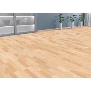 Heller Schiffsboden aus Ahorn Parkett, lebhafte Maserung, versiegelt.