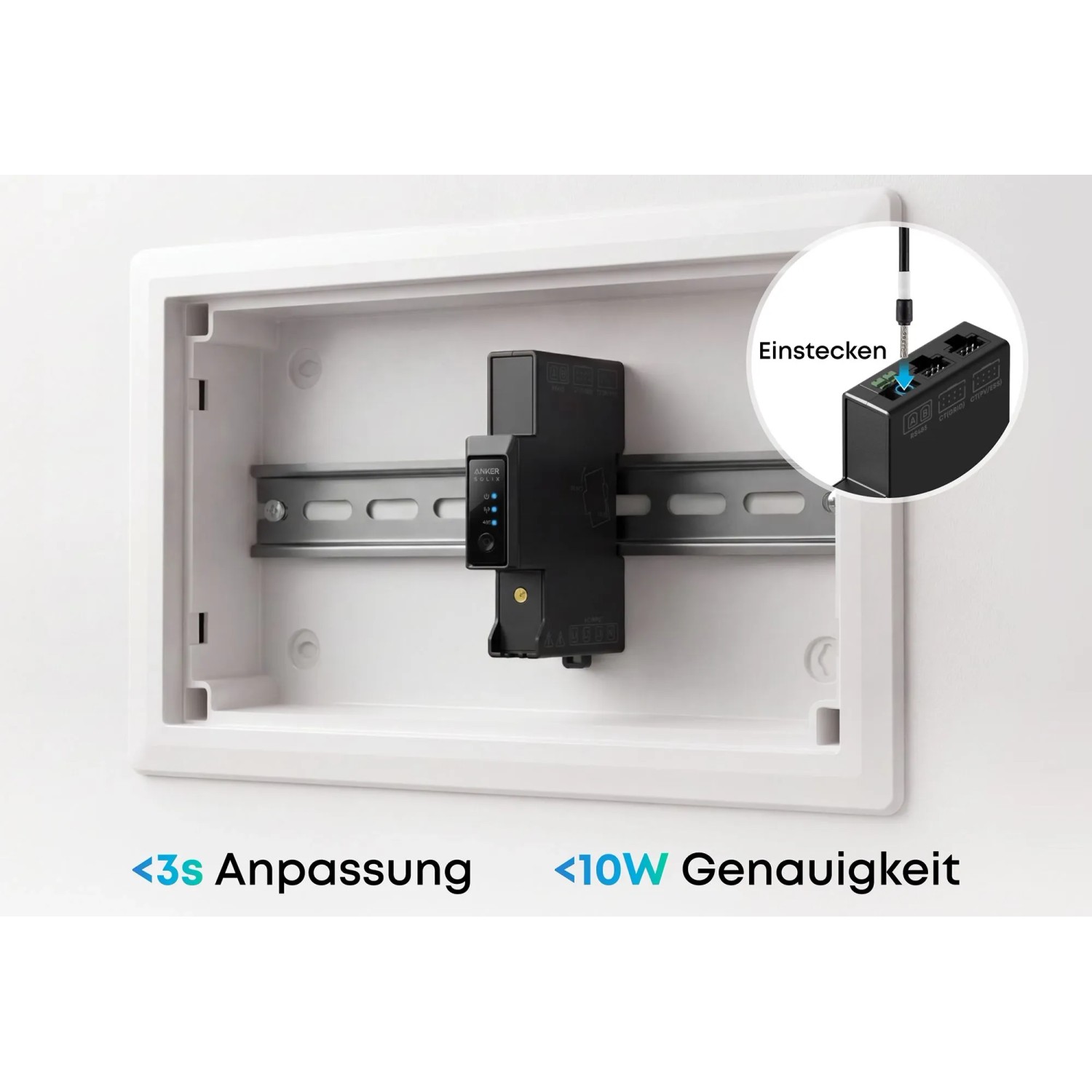 Anker Solix Smart Meter Gen 2 auf Hutschiene im Schaltschrank. Schnelle Installation, Echtzeit-Überwachung, <3s Anpassung.