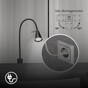 Schwenkbare, schwarze LED Bettleuchte von Briloner, warmweißes Licht, mit Montageoptionen.
