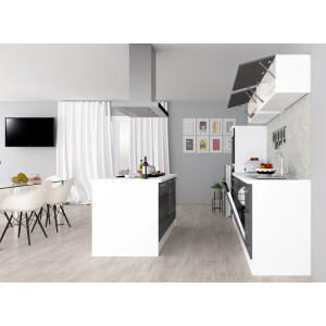 Respekta Premium Inselküche, 280 cm, Grau Hochglanz/Weiß, mit Kochinsel und Elektrogeräten.