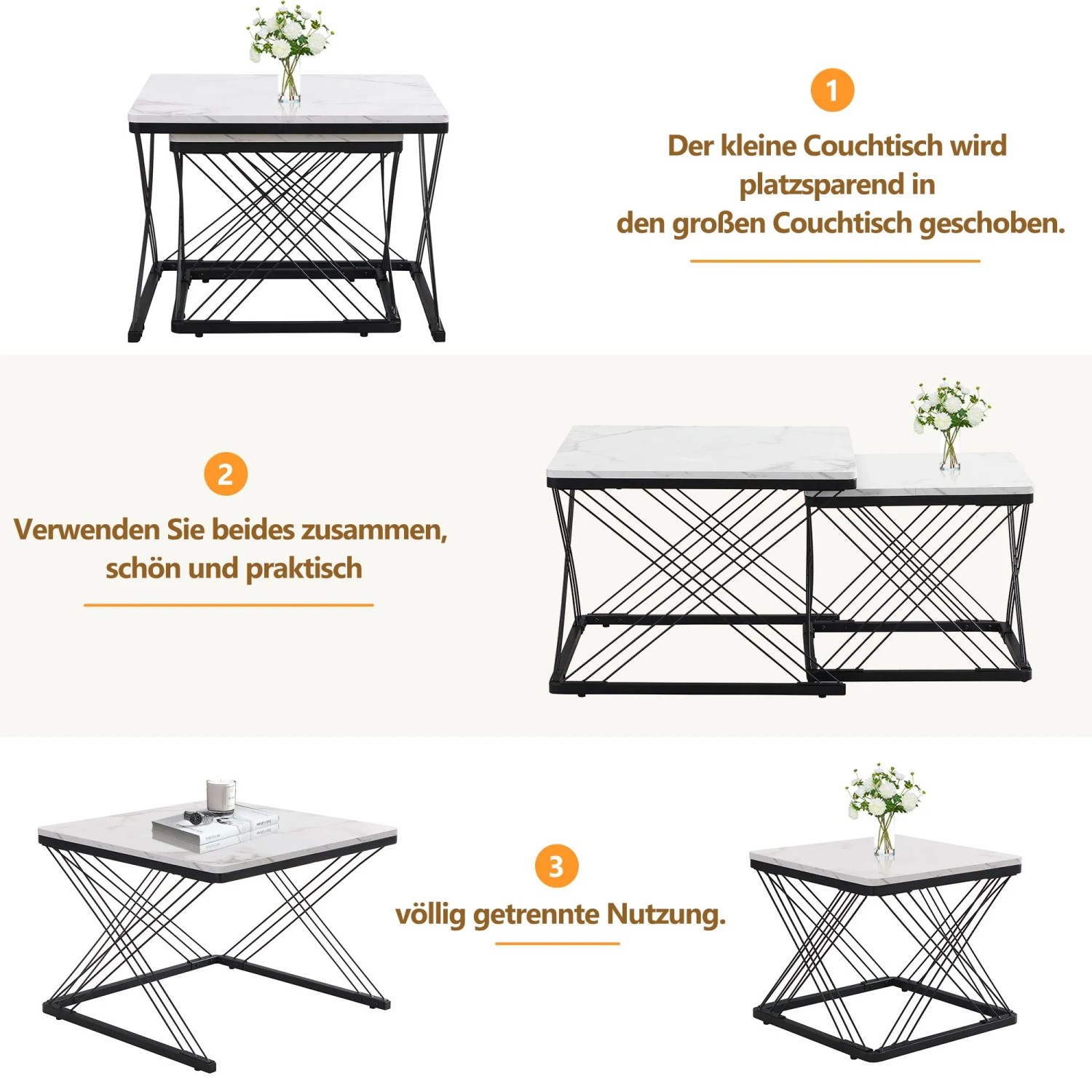 okwish Couchtisch Set mit Marmoroptik HöhenVerstellbare Füße 60x60x45cm 45x45x40cm Schwarz_8