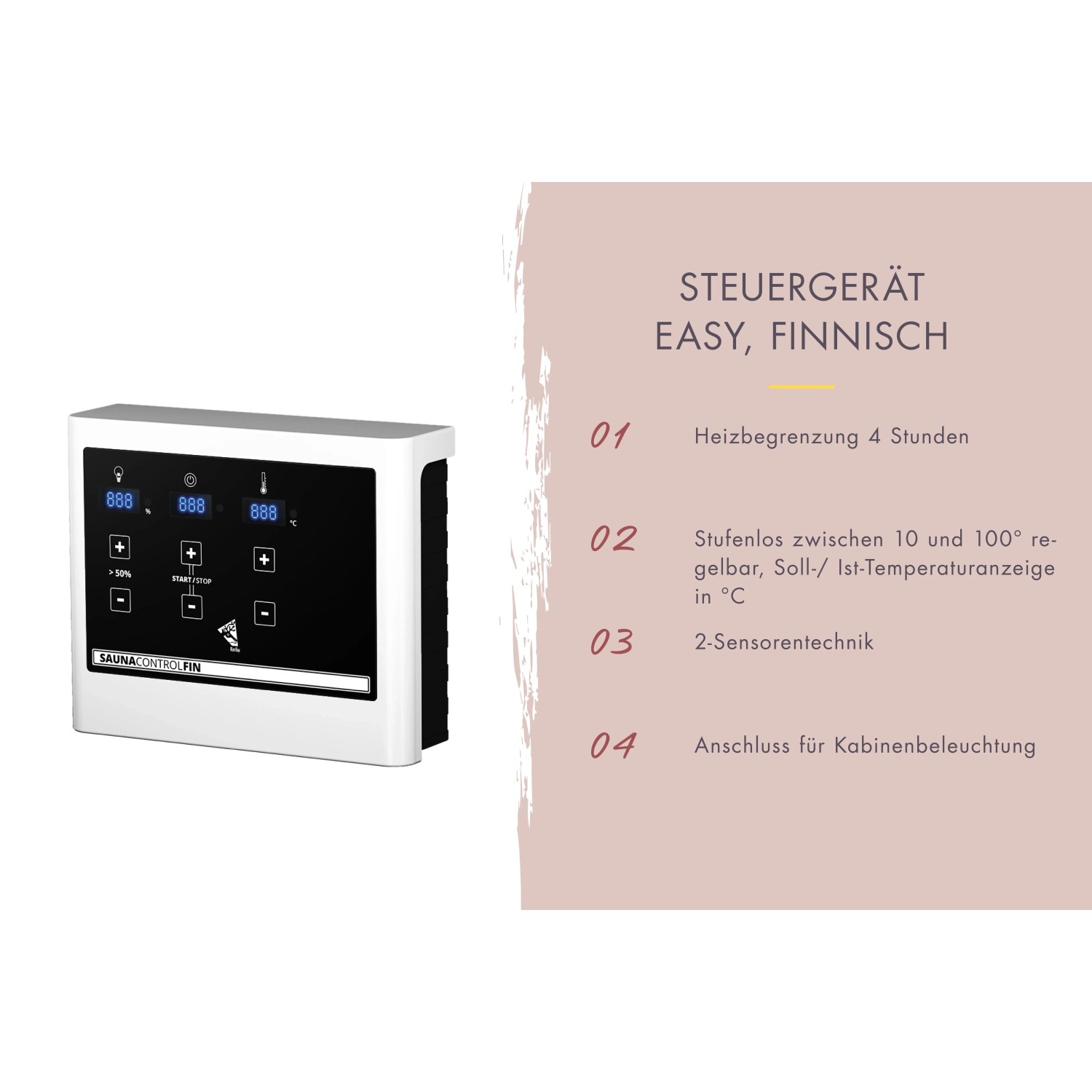 Steuergerät für Karibu Fasssauna mit digitaler Anzeige und Einstellknöpfen.
