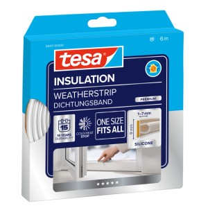 Verpackung des transparenten tesa® Insulation Premium Dichtungsbands aus Silikon für Tür- und Fensterdichtungen.