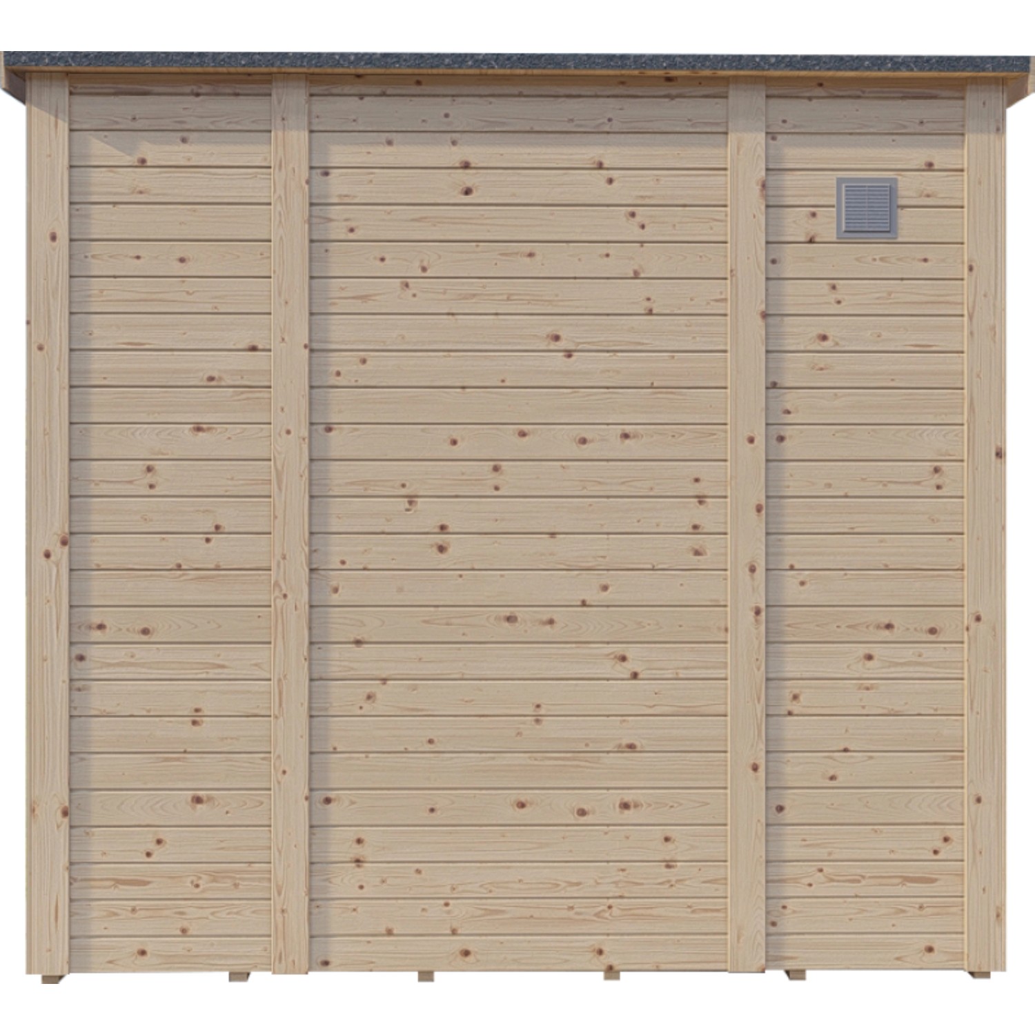 Bertilo Gartenhaus Pentus 1 aus naturbelassenem Holz, Seitenansicht mit Lüftungsgitter.