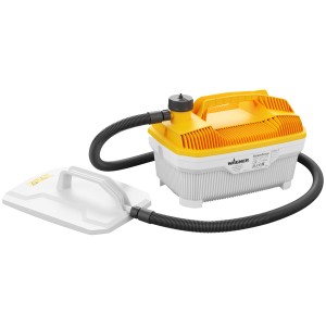 Wagner SteamForce Dampfgerät zum Tapeten ablösen, gelb-weiß mit Schlauch und Dampfplatte.