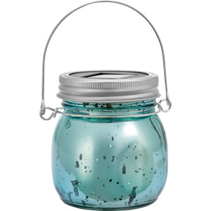 Blaue LED Solar-Dekoleuchte aus Glas mit Bügel, Ø 8 cm x 9 cm. Solar-Deko für Garten und Balkon.