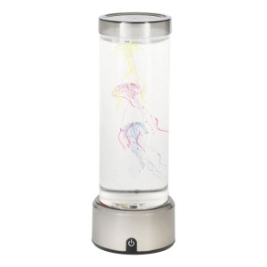Silberne LED-Lavaleuchte Aqua mit transparentem Zylinder, bunten schwebenden Quallen und Touch-Bedienung. LED-Tischleuchte.