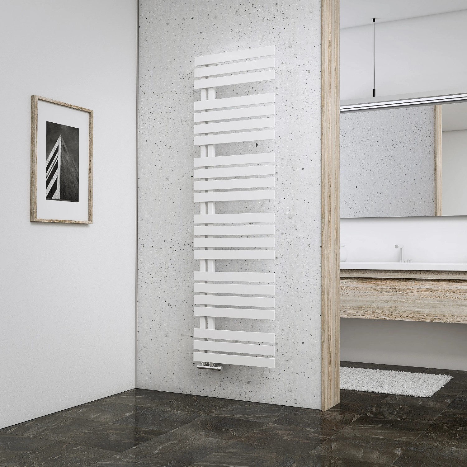 Schulte Design-Heizkörper Breda, 718 W, Alpinweiß im modernen Bad.