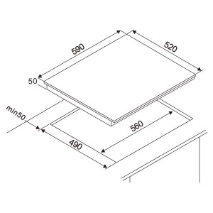 Skizze des rahmenlosen Respekta Glaskeramikkochfelds Abra KM5500-28 mit Maßangaben.