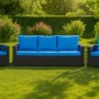 Blaues Gartenkissen Set für Polyrattan Möbel, bestehend aus Sofa und zwei Sesseln.