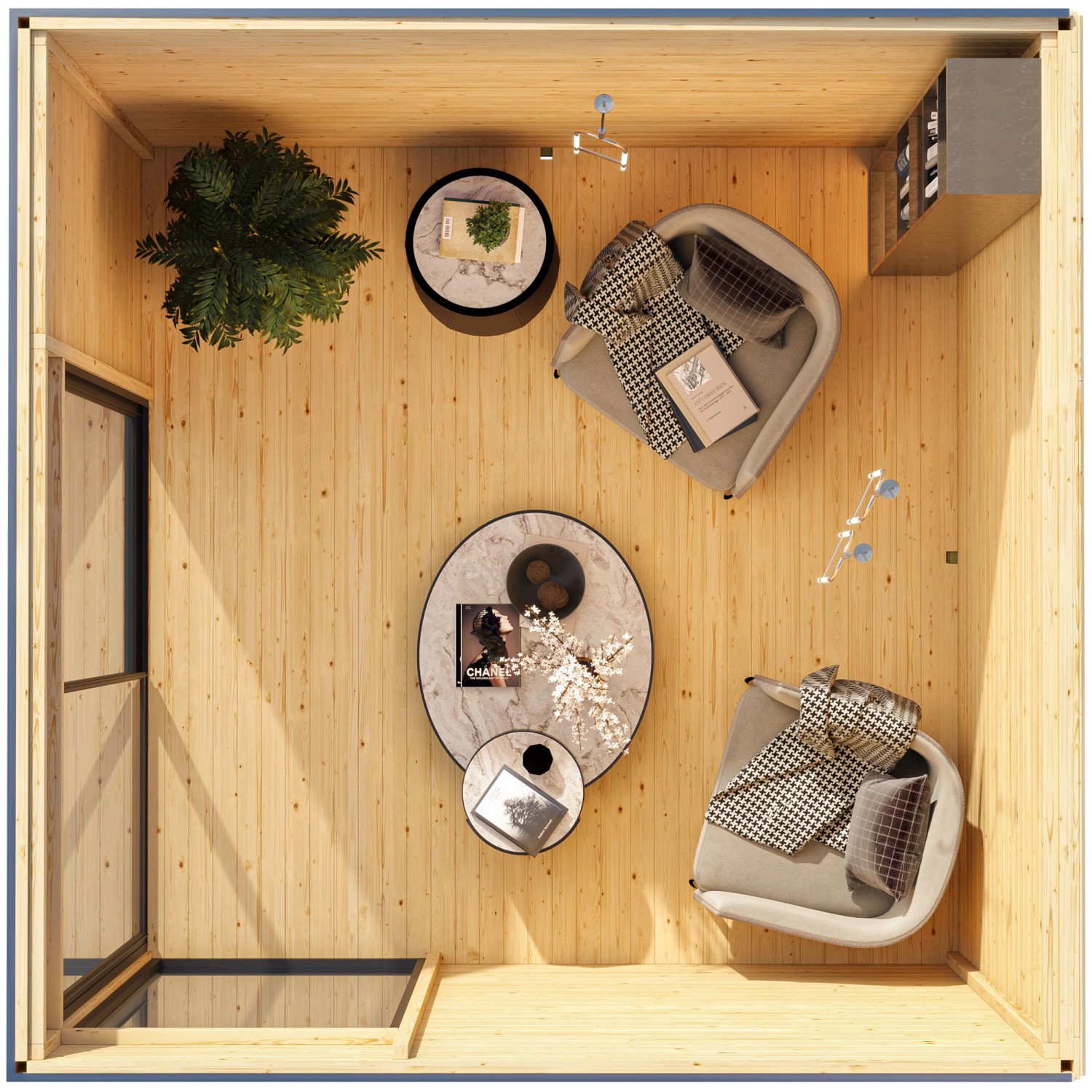 Innenansicht Karibu Gartenhaus Dillen 1: Naturbelassenes Holzhaus mit Möbeln und Dekoration.