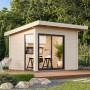 Naturbelassenes Palmako Gartenhaus Andrea Slide Plus mit Schiebetür und Pultdach im Garten.