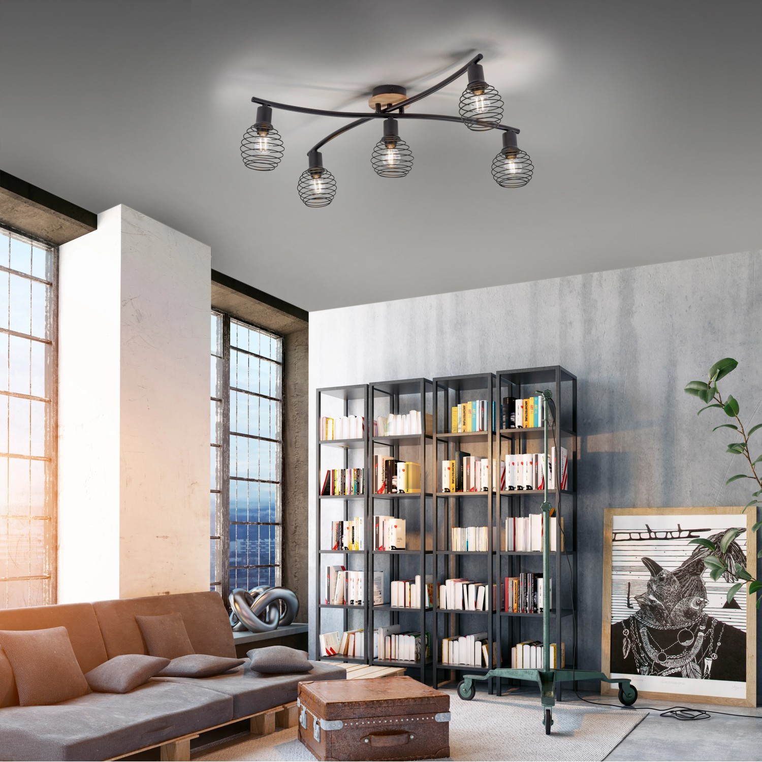 Fünfflammiger, schwarzer Just Light Spot Eugen mit Holz-Elementen im Wohnraum.