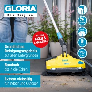Gloria Akku-Kehrmaschine EasySweep 18V mit Akku und Ladegerät für Innen- und Außenbereiche.