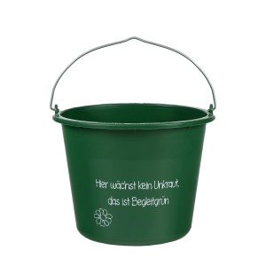 Grüner 12 l Haus- und Garteneimer mit Metallbügel und Aufdruck 'Hier wächst kein Unkraut'.