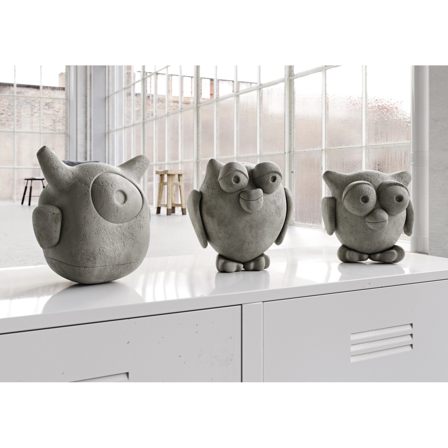 Drei graue Deko-Eulen aus Ultrament Knet Beton, verschiedene Designs.