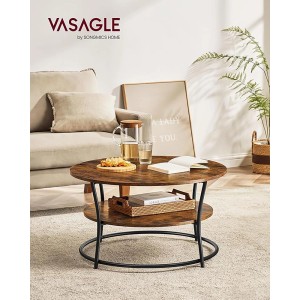 Runder Songmics Couchtisch Barnet in Braun-Schwarz mit Ablage im Wohnzimmer.