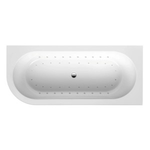 Weißer Ottofond Eckwhirlpool Modena von oben mit 24 Airdüsen und zentralem Abfluss. Komfort-Light-Silentsystem.