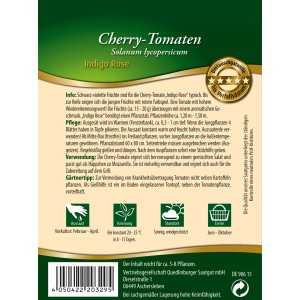 Quedlinburger Cherry-Tomaten Indigo Rose Saatgutpackung für violette Tomaten.