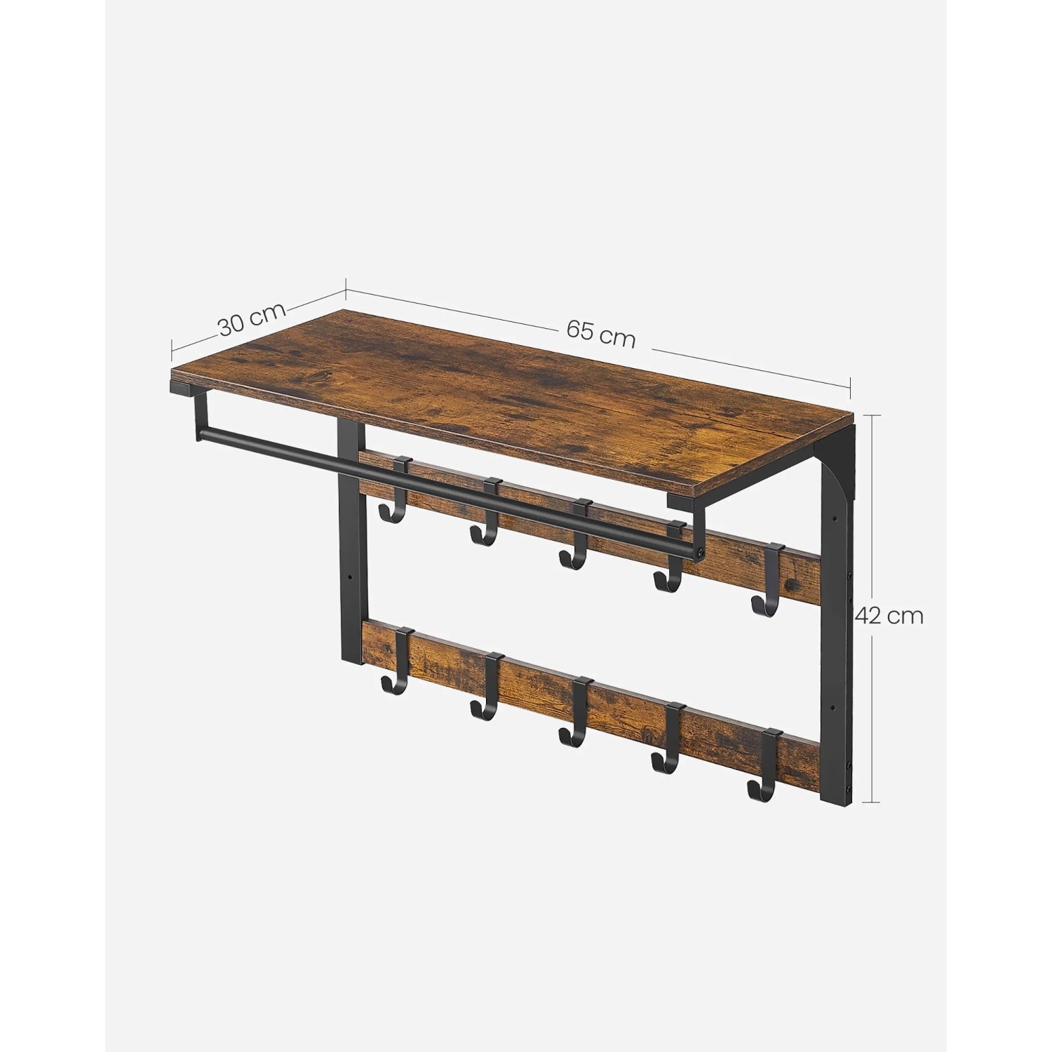Songmics Wandgarderobe im Industrie-Design mit Ablage, Kleiderstange und 10 Haken in Braun und Schwarz.