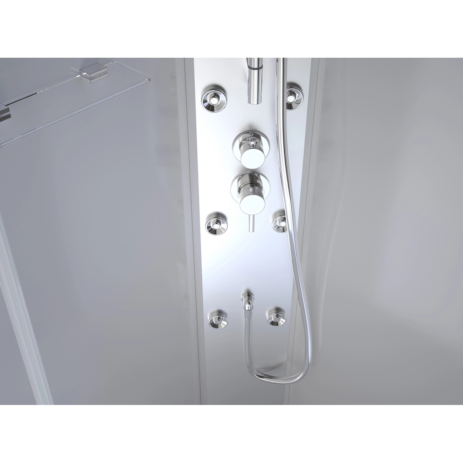 Detailansicht der Aurlane Komplettdusche White Ocean 90x90x210 cm mit Armaturen und Massagedüsen.