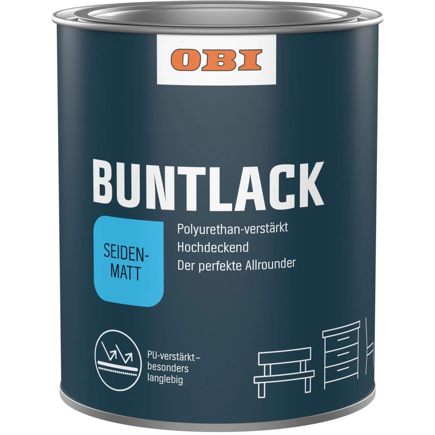 OBI PU Buntlack Tiefschwarz, seidenmatt, 750ml Dose. Vielseitiger Lack für Innen & Außen.