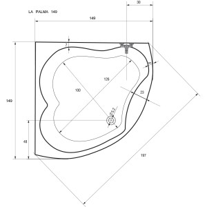 Technische Zeichnung Sanotechnik Eckbadewanne La Palma, 149 cm, Maße und Details.