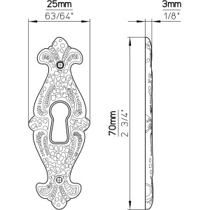 Schlüsselzierschild Vintage Messing Antik, Möbelausstattung mit Lochabstand 47mm, Detailansicht mit Maßen.