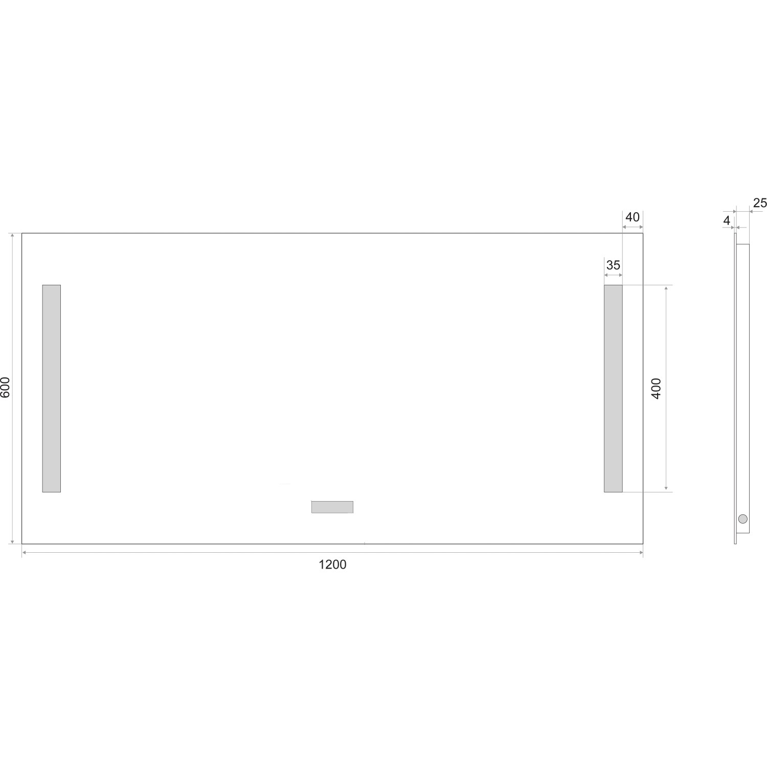 Technische Zeichnung des DSK Design LED-Lichtspiegels Silver Time, 120x60 cm, mit Maßangaben.
