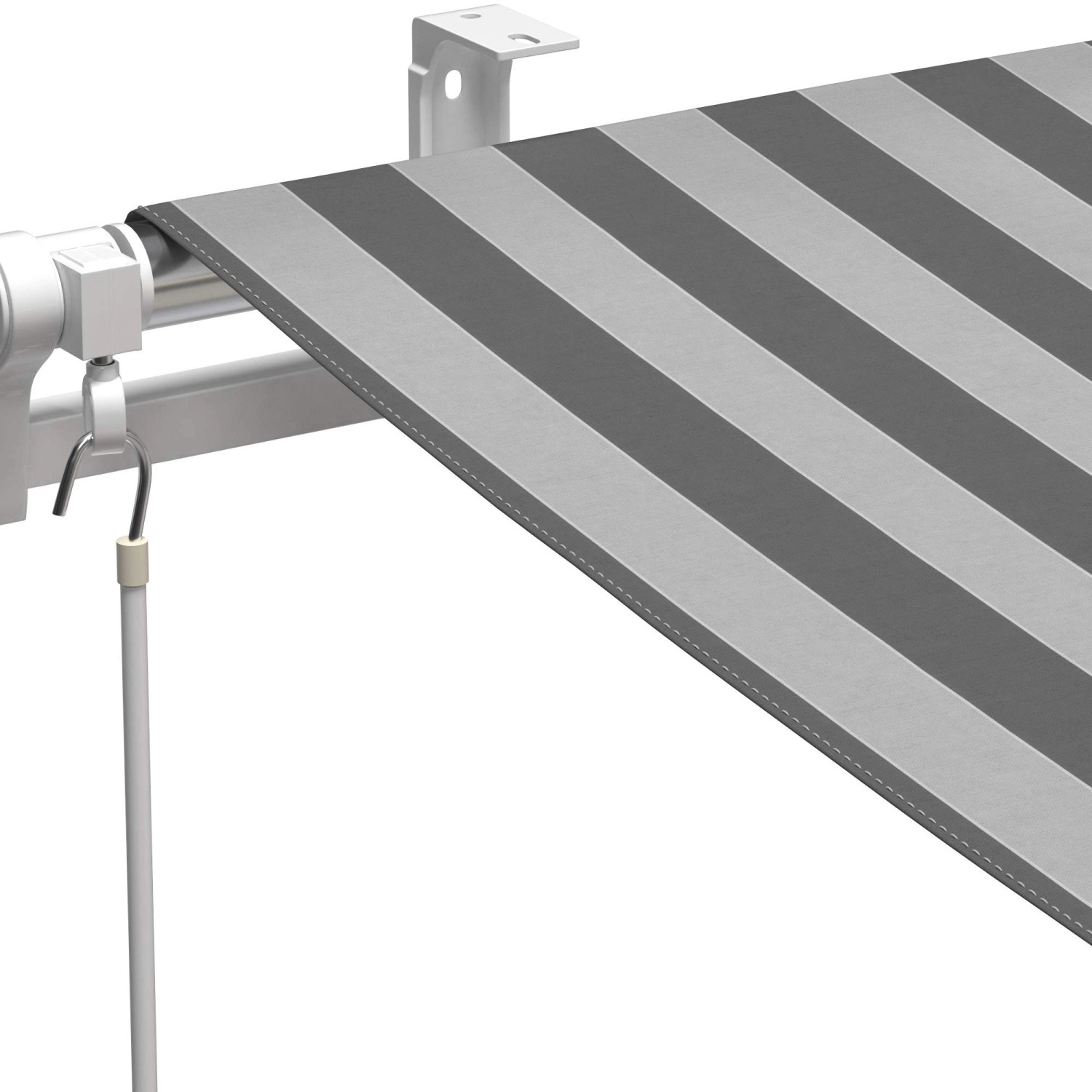 Detailaufnahme der grau-weiß gestreiften Gelenkarmmarkise Aventura, Sonnenschutz für Balkon und Terrasse.
