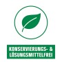 Symbol: Wandfarbe ohne Konservierungs- und Lösungsmittel, mit grünem Blatt.
