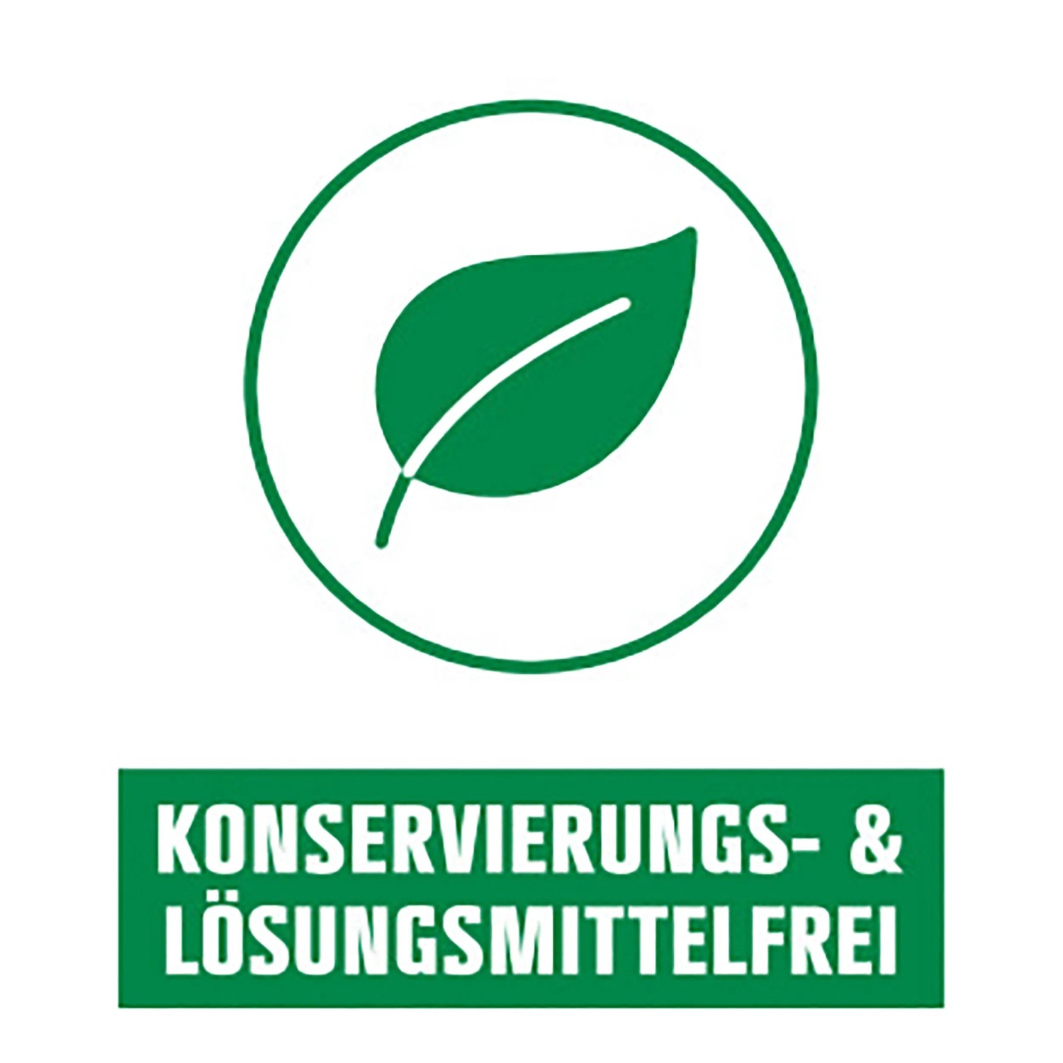 Symbol: Wandfarbe ohne Konservierungs- und Lösungsmittel, mit grünem Blatt.