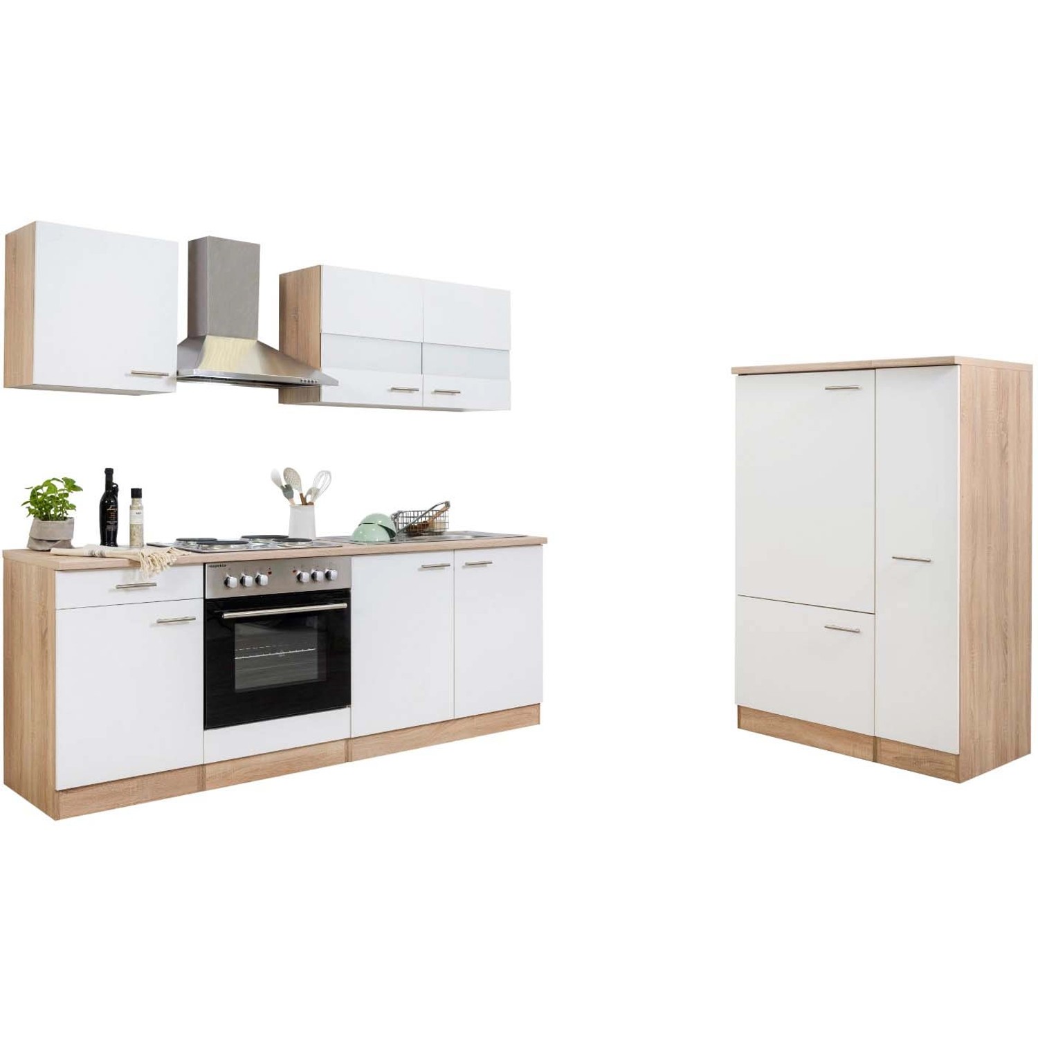 Respekta Küchenzeile 300 cm in Weiß und Eiche Sägerau ohne E-Geräte.