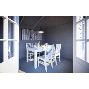 Innenansicht Alpholz Gartenhaus Mosel mit Esstisch und Stühlen.