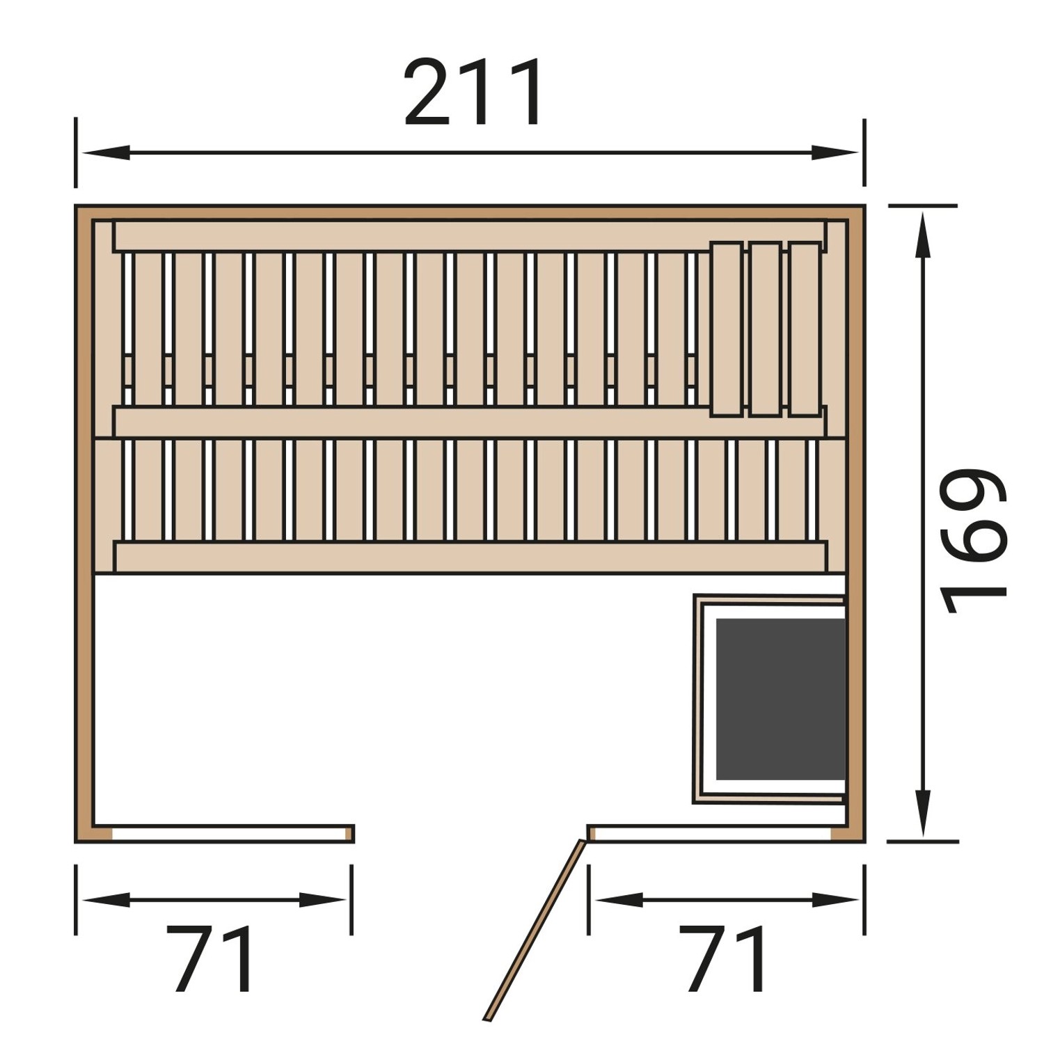 Grundriss der Weka Kemi Panorama Sauna (211x169cm) mit Maßen für Tür (71cm) und Ofen. Ideal für Planung.