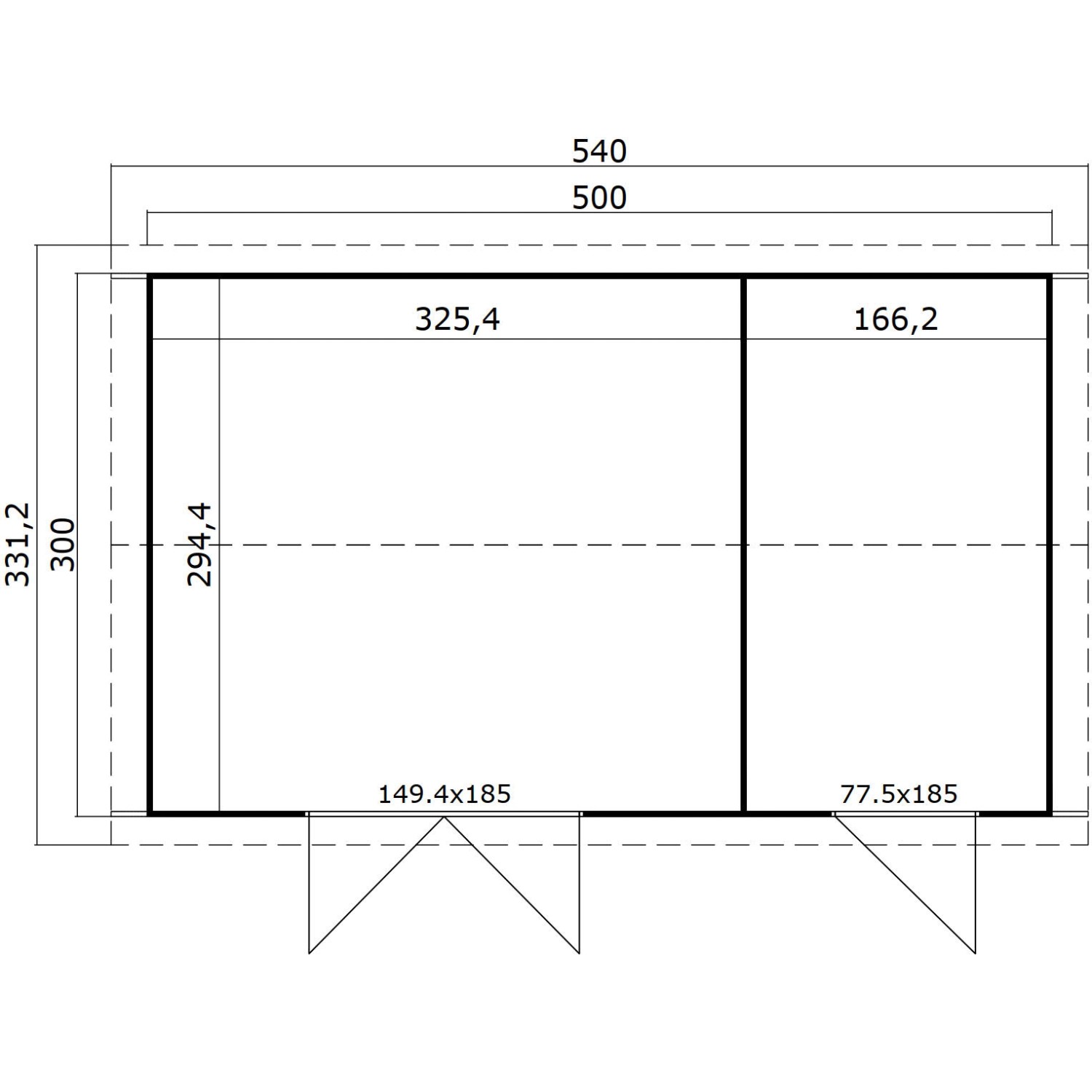 Grundriss Lasita Holz-Gartenhaus Tuvalu XL, Schwedenrot, 540x331,2 cm, mit Maßen.