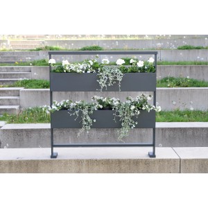 Dieda Linus Blumenkasten, eckig, 100x100 cm, Anthrazit, mit weißen Blumen und Rankpflanzen.