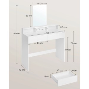 Weißer Vasagle Schminktisch mit Spiegel, 100x40x140cm, 2 Schubladen.