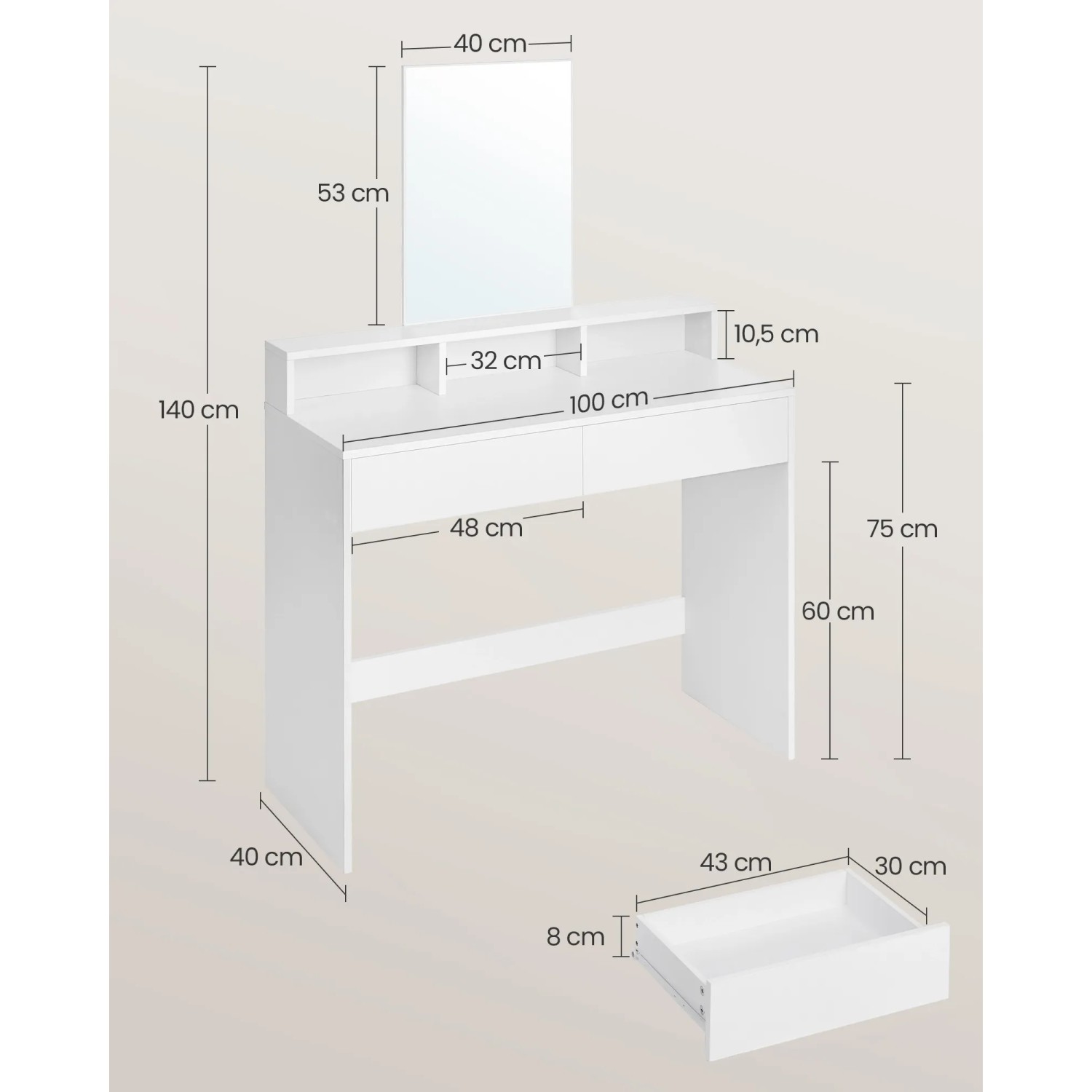Weißer Vasagle Schminktisch mit Spiegel, 100x40x140cm, 2 Schubladen.