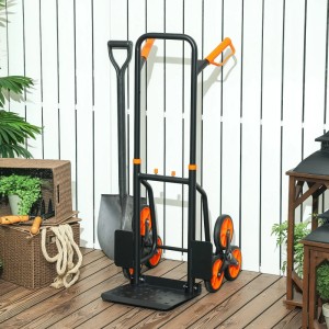 Schwarzer DURHAND Treppensteiger mit orangefarbenen Griffen und 6 Rädern auf Holzterrasse. Ideal für schwere Güter und Stufen.