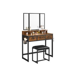 Vasagle Schminktisch mit Hocker, braun-schwarz, mit dreifach Spiegel und Schubladen.