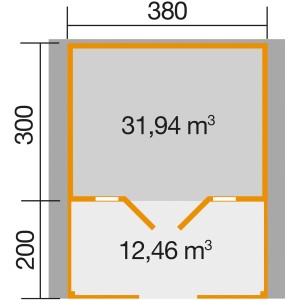 Grundriss Weka Weekendhaus 137 B: 380x500cm, davon 200cm überdachte Terrasse. Fläche: 31,94 m² + 12,46 m².