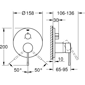 Technische Zeichnung Grohe Essence Einhandbatterie Hard Graphite, Wannenarmatur mit Maßen.