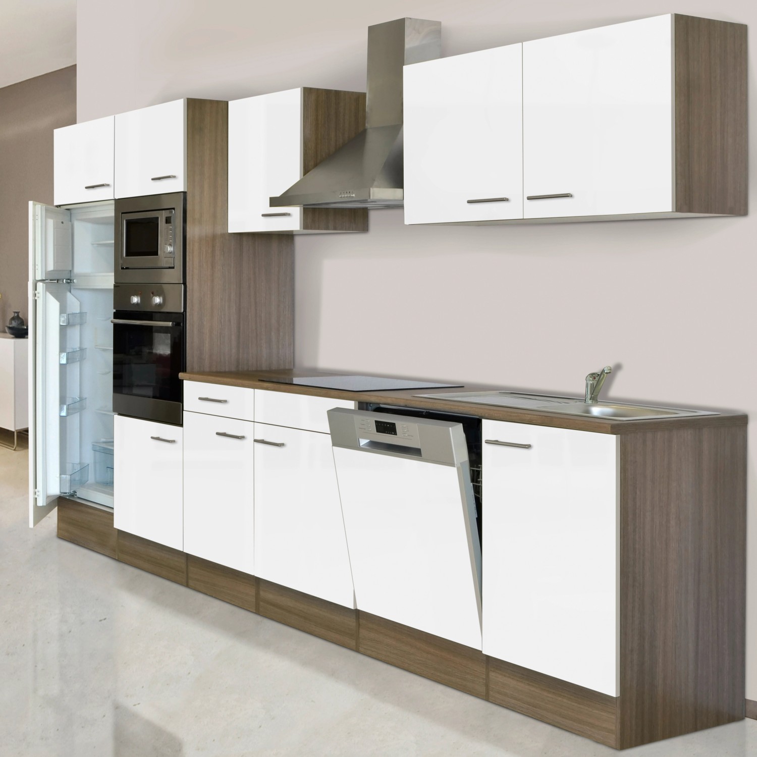 Respekta Küchenzeile 340 cm, weiß seidenglänzend mit Eiche York Dekor, inklusive E-Geräte.