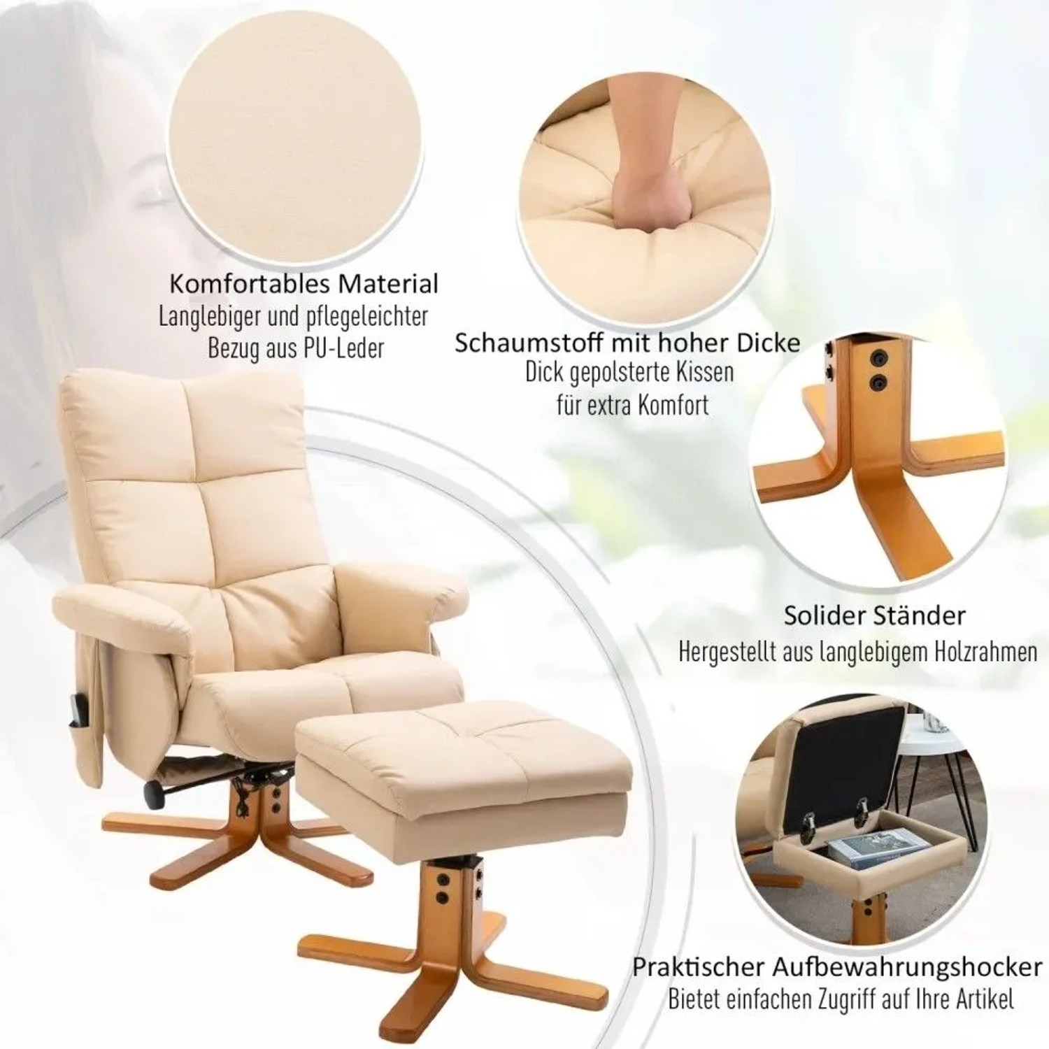 Cremeweißer HOMCOM Massagesessel mit Fußhocker, Stauraum, Lederoptik und Holzgestell. Verstellbarer Relaxsessel.