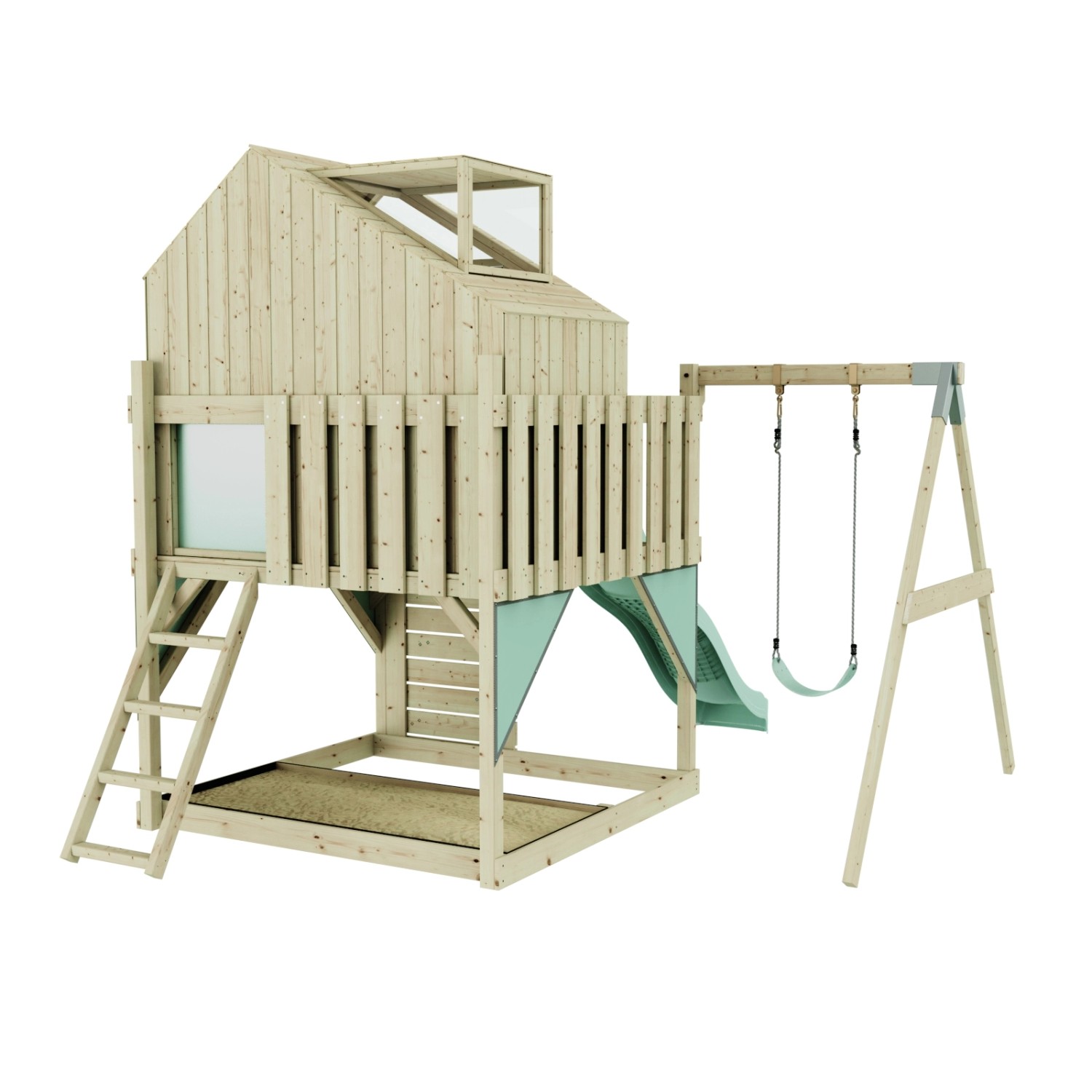 Kinderspielturm mit mintgrüner Schaukel, Rutsche und Kletterwand aus Holz.