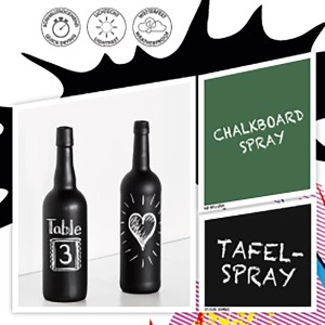 Marabu do it Colorspray Chalkboard, Tafel Grün, 150ml. Zwei bemalte Flaschen und Farbfelder.